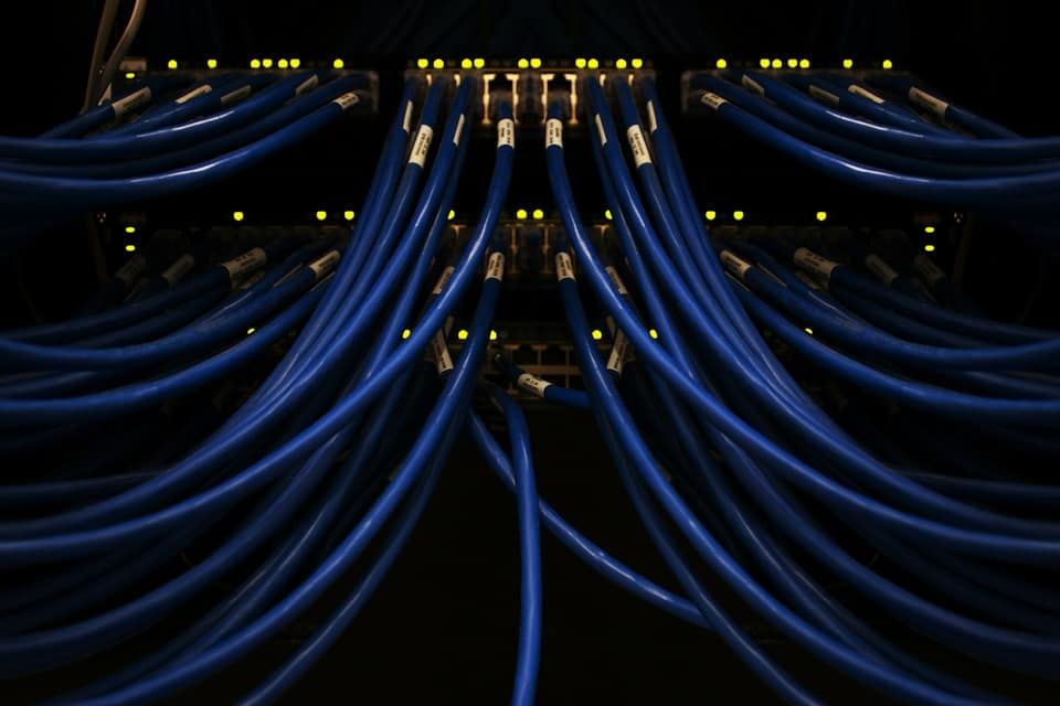 Blue network cables patched into rack-mounted switches
